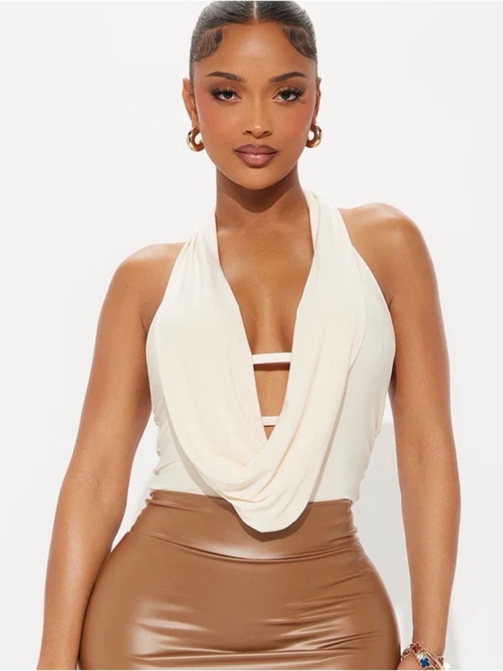 Fashion Nova Cream Forever Hot Cowl Neck Halter Bodysuit